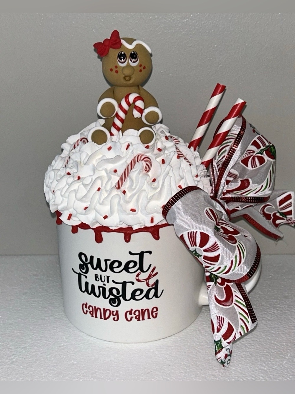 Sweet but Twisted Candy Cane Fake Gingerbread Holiday Mug Decor - Handmade